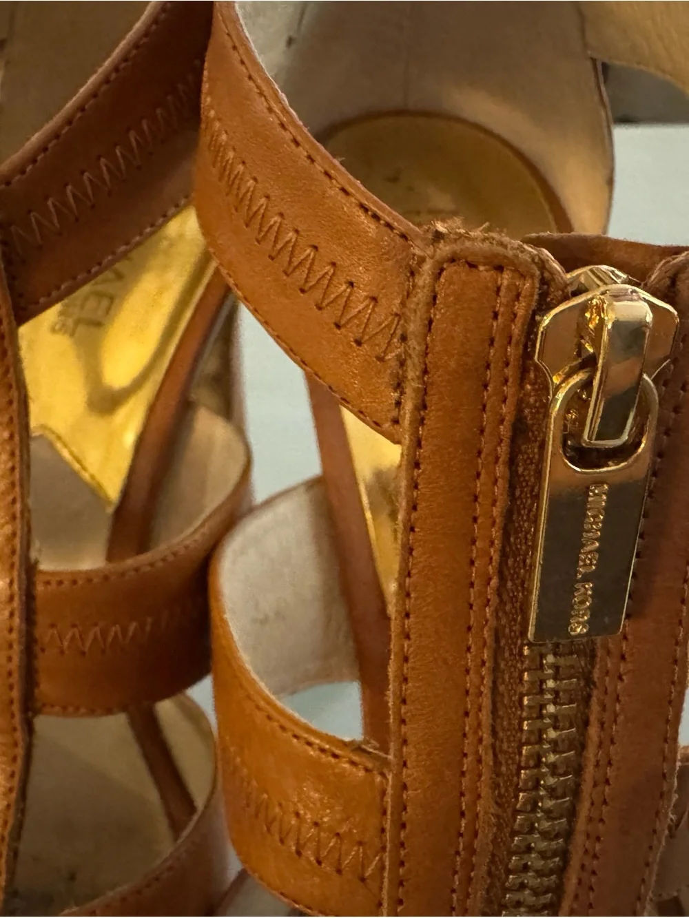 Michael Kors Women’s Tan Leather Platform Sandals with Gold Zip Accent Size 8.5